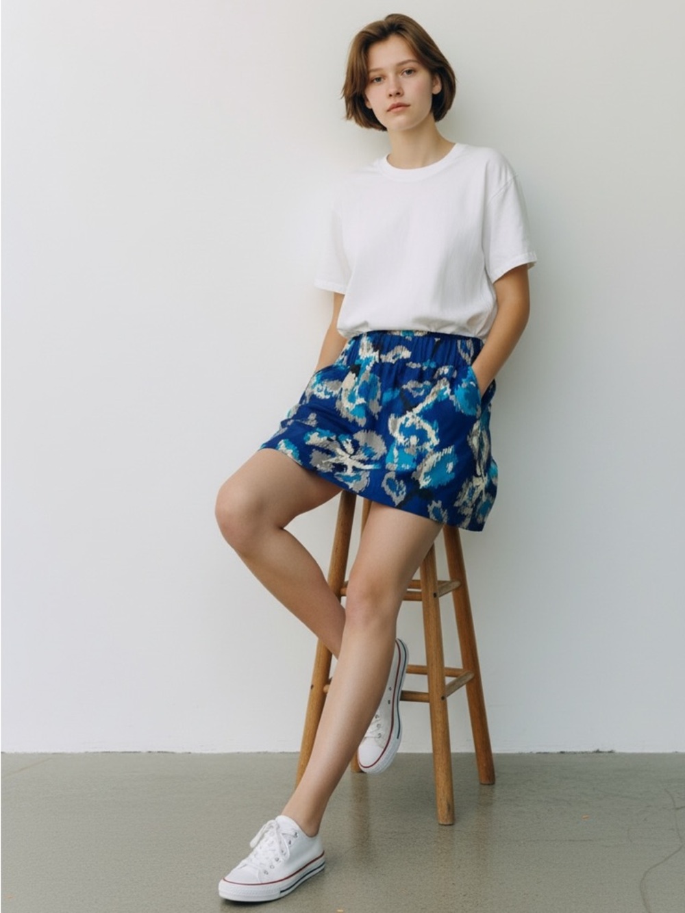 LOFT Navy and Teal Abstract Print Elastic Waist Skirt